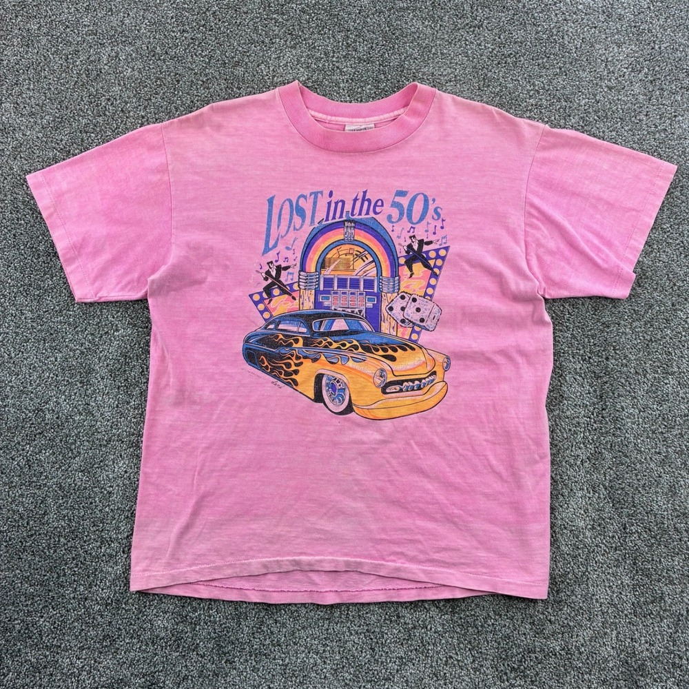 Vintage Lost in the 50s Shirt Mens Large Pink Cotton Car Jukebox Retro Life‎